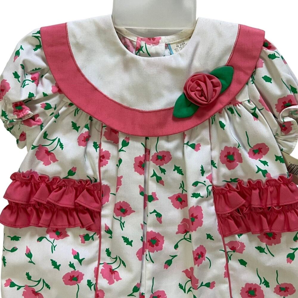 Vintage 80s Baby Pink, White, & Green Floral Collared Romper Size 6-9 Months - Picture 3 of 13
